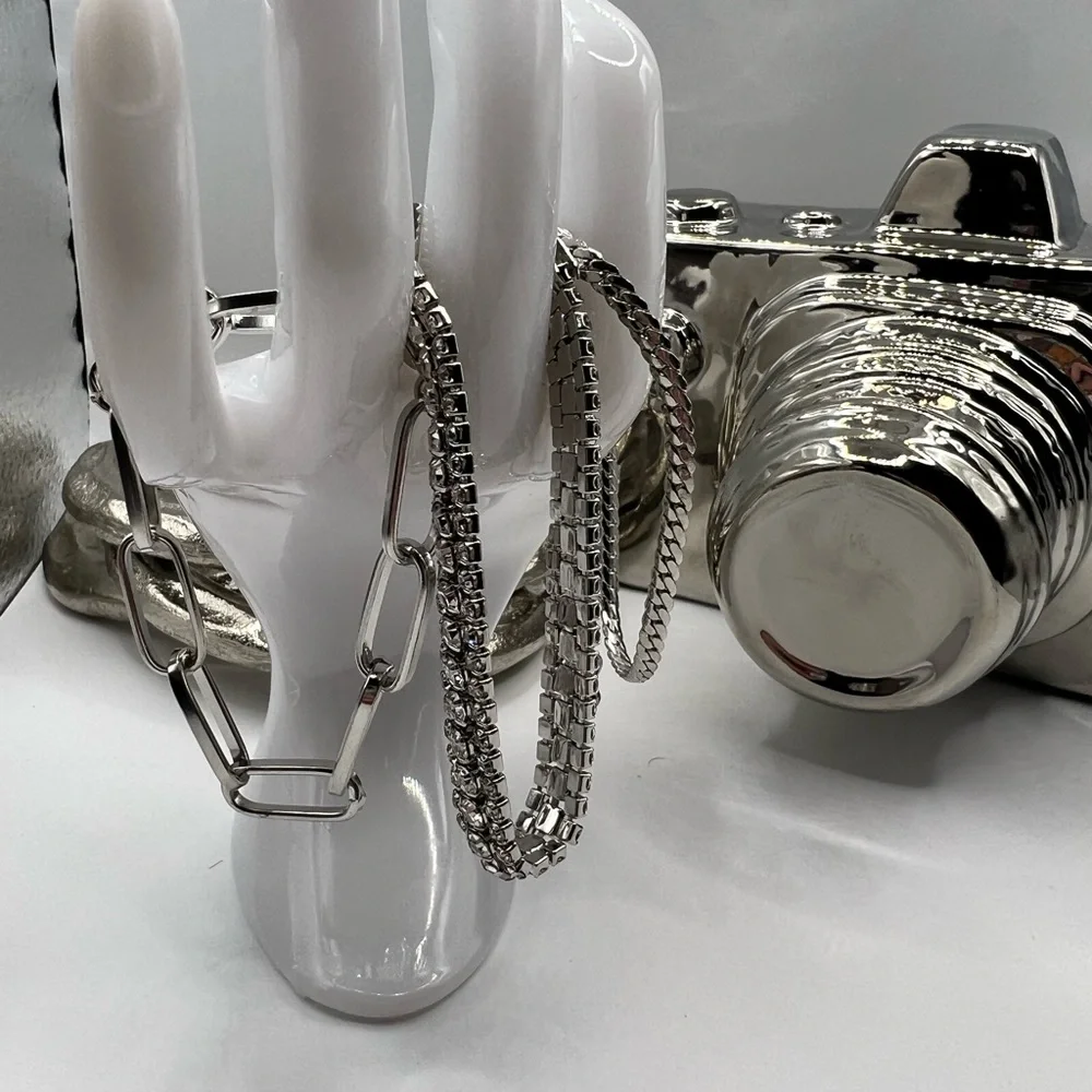 Set of 3 Stainless Steel & Crystal‎ Bracelets NEW